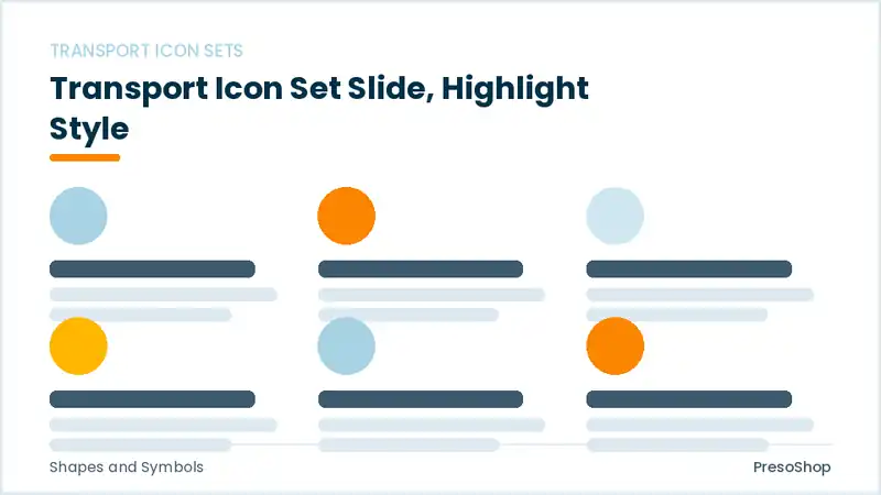 Editable PowerPoint transport icon set slide template with an accented takeaway, built from recolourable native shapes for shapes and symbols decks