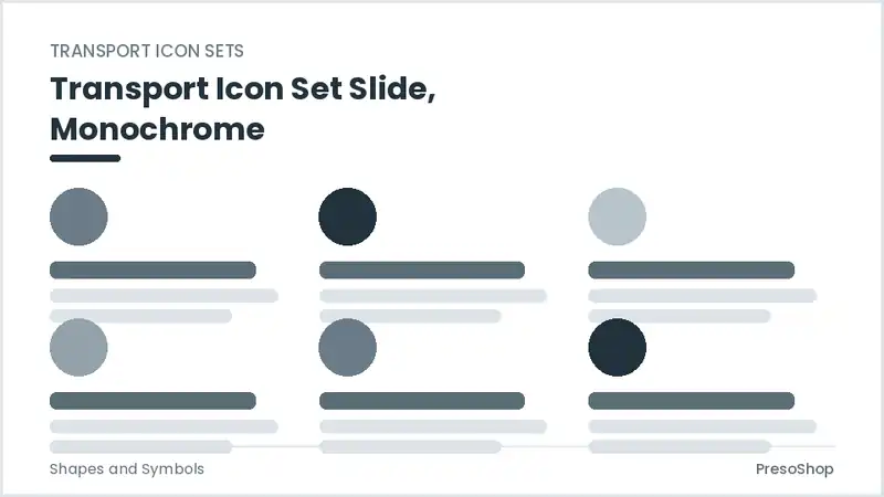Editable PowerPoint transport icon set slide template in a monochrome treatment, built from recolourable native shapes for shapes and symbols decks