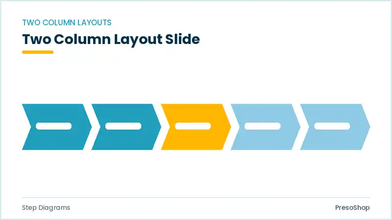Editable PowerPoint two column layout slide template, built from recolourable native shapes for step diagrams decks