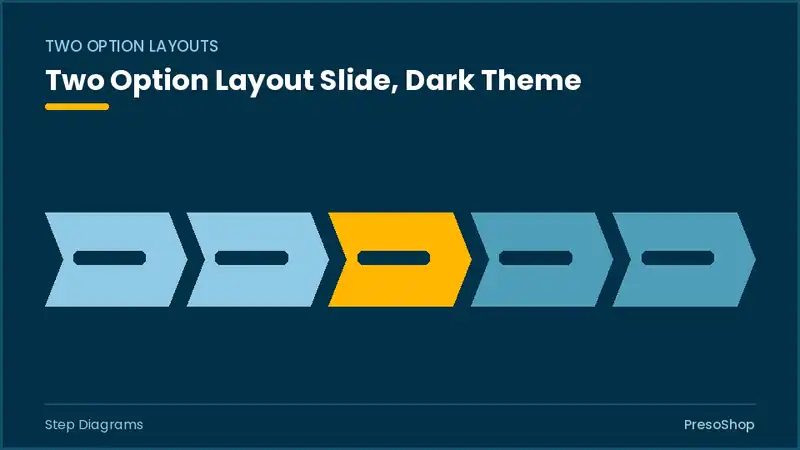 Editable PowerPoint two option layout slide template in a dark theme, built from recolourable native shapes for step diagrams decks