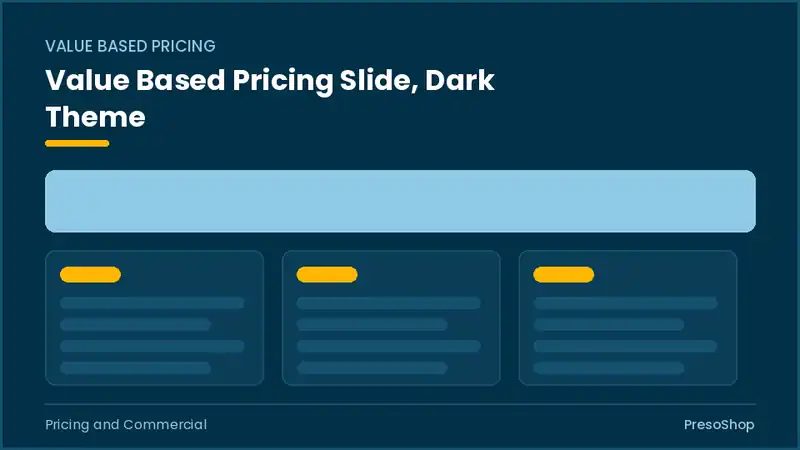 Editable PowerPoint value based pricing slide template in a dark theme, built from recolourable native shapes for pricing and commercial decks