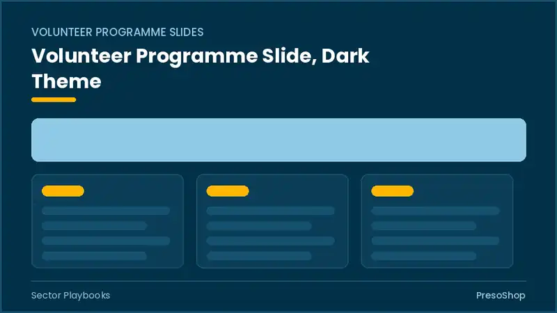 Editable PowerPoint volunteer programme slide template in a dark theme, built from recolourable native shapes for sector playbooks decks