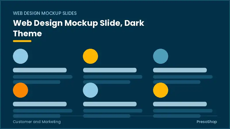 Editable PowerPoint web design mockup slide template in a dark theme, built from recolourable native shapes for customer and marketing decks