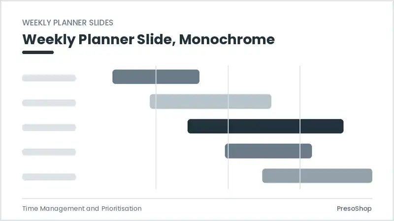 Editable PowerPoint weekly planner slide template in a monochrome treatment, built from recolourable native shapes for time management and prioritisation decks