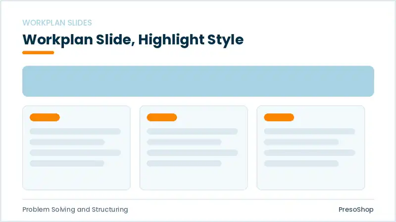 Editable PowerPoint workplan slide template with an accented takeaway, built from recolourable native shapes for problem solving and structuring decks